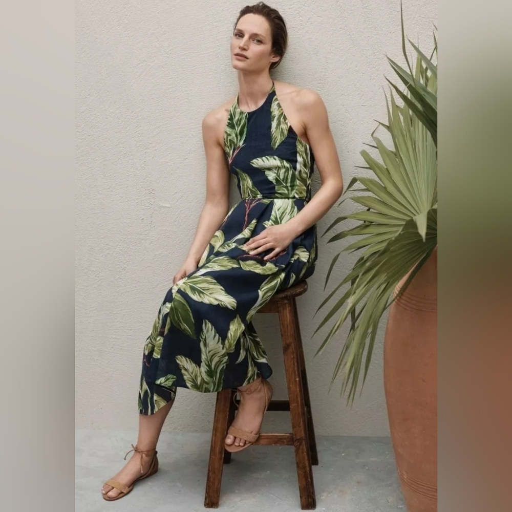 Ann Taylor Amalfi Palm Print Halter Dress A-Line Pockets Resortwear Vacation